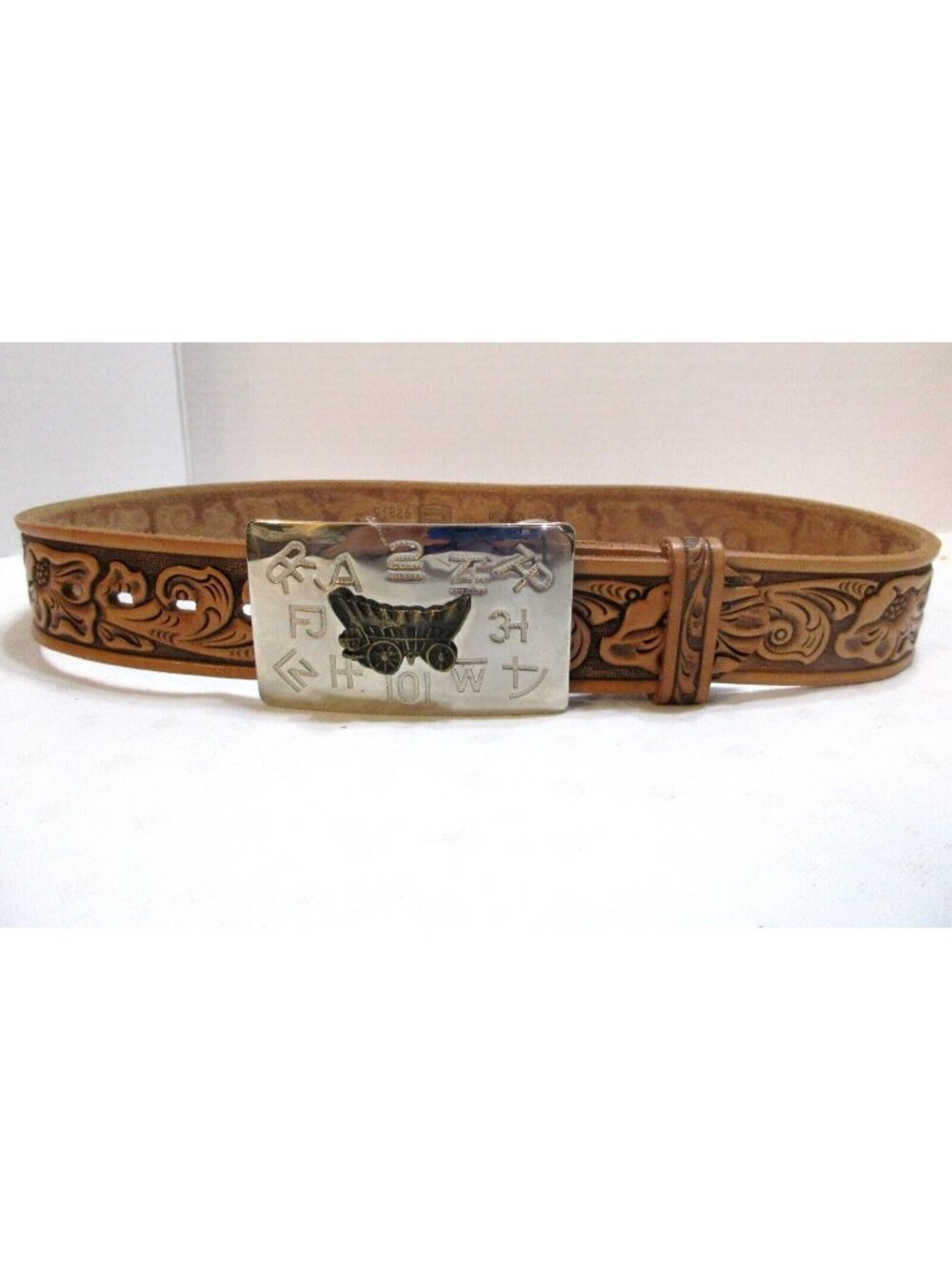 Tooled Western Hand Finished Leather 32"Length X 1.5"Wide Belt with Wagon Buckle